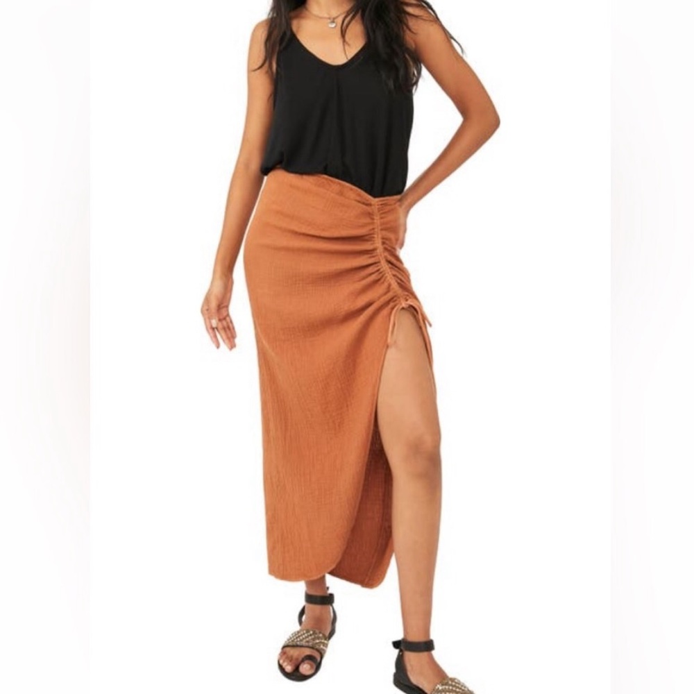 NWT Free People Cerine Ruched Midi Glazed Ginger Brown Skirt